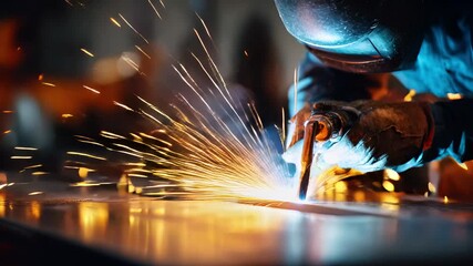 Industrial welder working with metal creating bright sparks in a factory. - Powered by Adobe