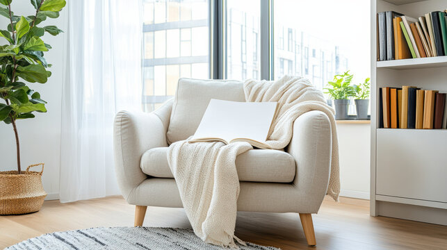 Cozy reading nook armchair with blanket and open book by window - Powered by Adobe