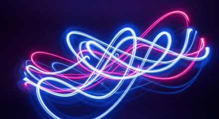 Abstract swirling neon light trails in blue and pink against a dark background