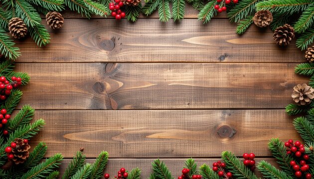 Festive christmas decoration setup cozy home photography rustic wooden background top-down view holiday spirit pine cones and berries accents for seasonal celebration - Powered by Adobe