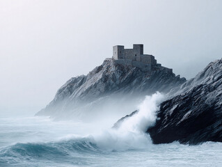 Dramatic seascape featuring a fortress perched atop a rocky cliff amidst crashing waves and mist. Evokes themes of resilience, isolation, and history. Ideal for travel, fantasy or editorial use.
