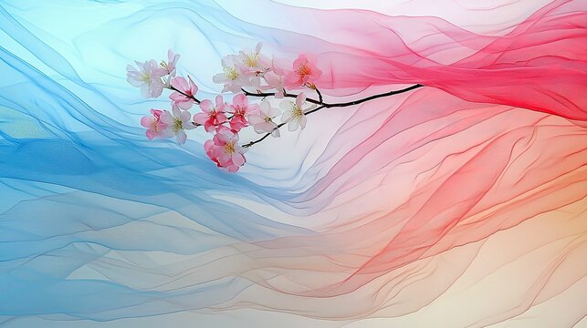 A branch with pink cherry blossoms is suspended against a soft, flowing background of sheer fabric in shades of blue and pink.