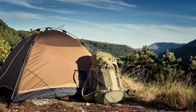 a hiking adventure to a hidden campsite featuring a tent and backpack with copy space for outdoor enthusiasts