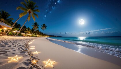 Moonlit beach stroll tropical paradise nighttime photography serene environment captivating viewpoint tranquil concept for relaxation and escape