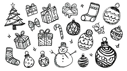 Hand-drawn Christmas decorations and gifts in a doodle style for holiday design projects