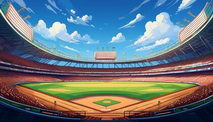 pixel art baseball stadium with green field and blue sky