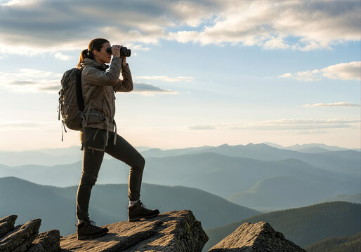 Adventurous young woman standing on a mountain peak, observing the vast, layered landscape with binoculars at beautiful sunrise light.