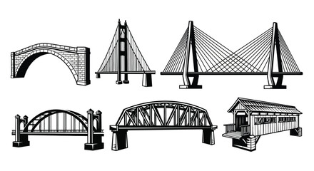 Illustrative collection of various bridge designs in black and white style