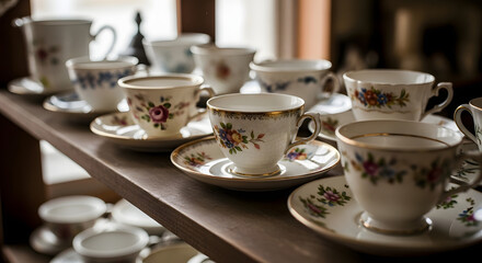 Elegant porcelain teacups and saucers with floral pattern displayed on wooden shelf