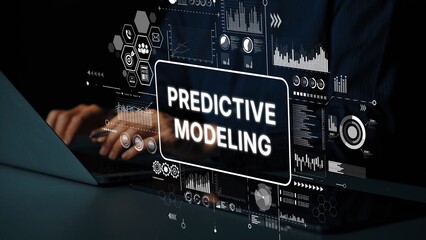 Hands typing on laptop with futuristic interface displaying predictive modeling concepts and data analytics visuals in dark environment. Asymptotic smart data analytic.