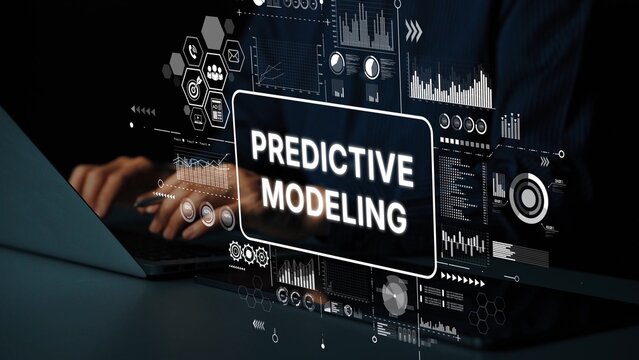 Hands typing on laptop with futuristic interface displaying predictive modeling concepts and data analytics visuals in dark environment. Asymptotic smart data analytic.