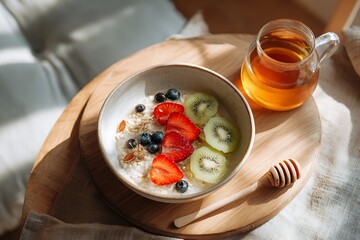 Healthy Breakfast Bowl with Fresh Fruits and Honey.