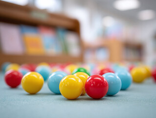 Colorful plastic balls scattered on a surface with a blurred background, evoking childhood, fun, and playful learning. Ideal for education, daycare, or creative projects.