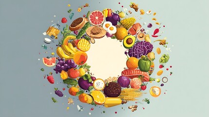Healthy Food Circle with Fruits and Vegetables.