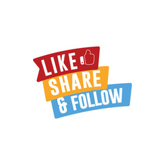 Social media label featuring the words “Like, Share, Follow” with ribbon design ideal for digital marketing, content creators, social platforms, promotional materials and engagement-boosting visuals