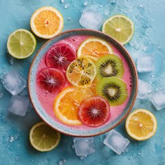 Refreshing Citrus Smoothie Bowl with Fresh Fruit Slices and Ice.