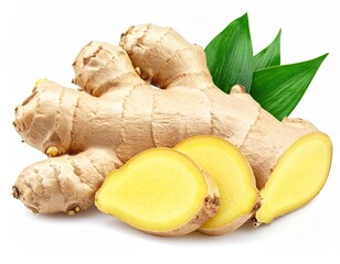 Fresh Ginger Rhizome with Green Leaves and Sliced Pieces on White Background