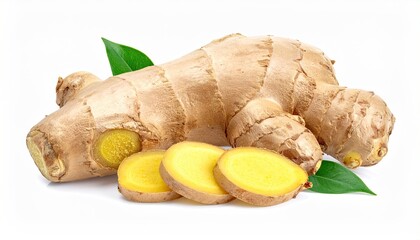 Fresh Ginger Rhizome with Slices on Pure White Background