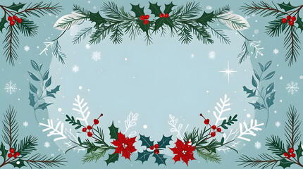 Decorative winter christmas frame of fir branches holly and poinsettia plants