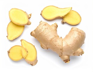Fresh Ginger Root and Slices on White Background