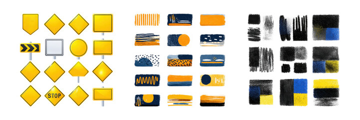 Assorted hand drawn textured artistic elements featuring road signs and abstract designs on transparent background