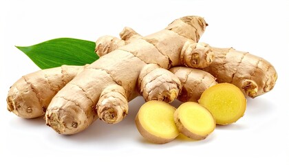 Fresh Ginger Root with Green Leaf and Sliced Pieces on White Background Close Up Studio Shot