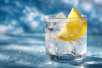 Refreshing glass of gin and tonic with lemon and ice on a blue background.