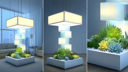 Modern Indoor Garden with Geometric Lighting Fixture and Succulents.