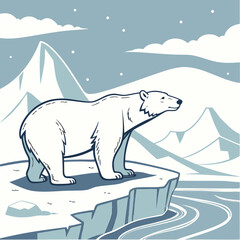 Polar Bear Contemplation: A solitary polar bear stands majestically on the edge of an ice floe, gazing out at a serene arctic landscape under a tranquil sky.