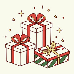 Festive Gift Ensemble: A delightful array of intricately wrapped gift boxes, adorned with vibrant ribbons and bows. Sparkling stars twinkle around the presents.