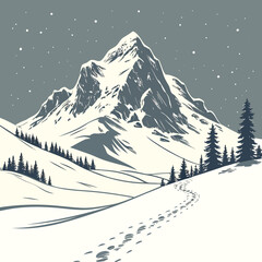 Mountain Peaks: A serene illustration of a snow-covered mountain range, with the majestic peaks dominating the landscape and inviting contemplation.