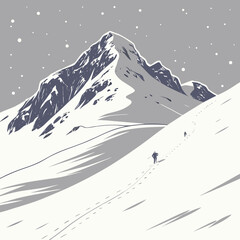 Ascent in the Snowy Peaks:  A daring duo embarks on an inspiring journey across a serene, snowy mountain, leaving tracks in their wake.