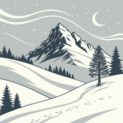Winter Mountain Scene: A serene winter landscape unfolds, featuring snow-covered mountain peaks under a starlit night sky, creating a sense of tranquility and majestic beauty.