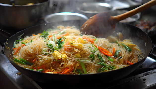 Chef is frying bihun (rice vermicelli) mixed with vegetables, egg, and spices. This flavourful dish is a popular Malaysian food, often served as a quick meal.