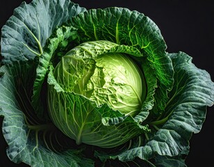 Fresh Green Cabbage Head with Textured Leaves on Dark Background, Detailed Close Up of Healthy Vegetable with Intricate Leaf Patterns and Vibrant Color