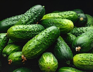 Fresh Green Cucumbers on Black Background