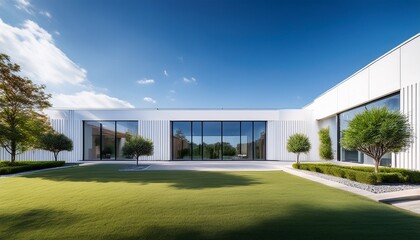 modern minimalist white building with large glass windows and trees in front