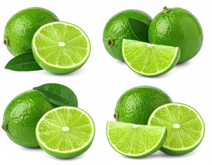 Fresh Green Limes with Leaves on White Background