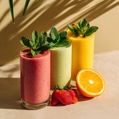 Refreshing Trio of Fruit Smoothies with Fresh Mint and Citrus.