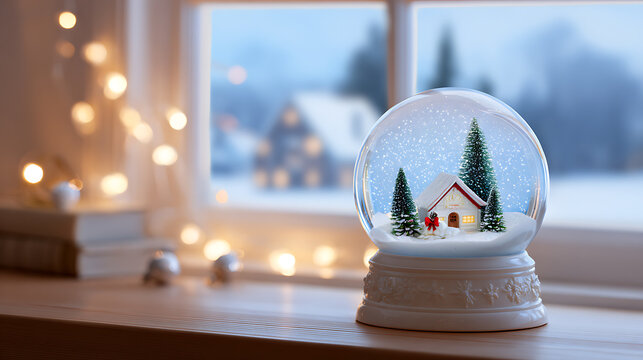 Festive winter snow globe featuring a charming snowy village and Christmas tree with twinkling lights and falling snowflakes.
