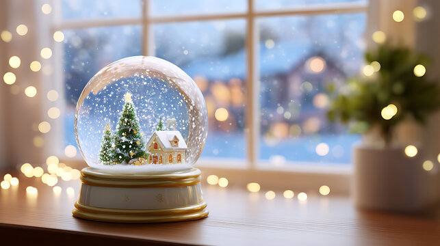 Cozy Christmas scene with a snow globe, festive decorations, and soft glowing lights by a frosted window.