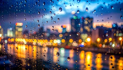 Close-up through a wet window at night, city lights blurred in the background. Raindrops scatter across the glass