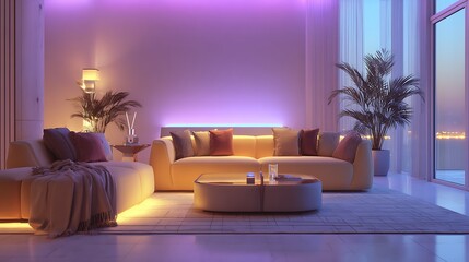 Modern Living Room with Ambient Lighting and Comfortable Sofa.