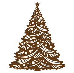 Elegant brown silhouette of a christmas tree with decorations on a white background