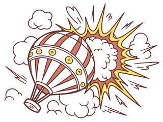 Cartoon Illustration of a Hot Air Balloon Exploding Mid Air with Clouds Around It