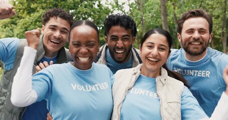 Face, volunteer and celebration with team at park for donation goal, NGO achievement or excited. People, charity worker and group cheering outdoor for community service success, fist pump or portrait