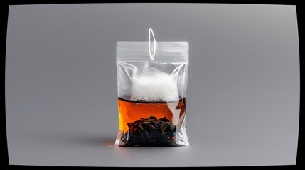 A clear plastic bag contains dark tea leaves at the bottom, with amber-colored brewed tea and a frothy white layer above, set against a neutral gray backdrop.