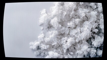 A detailed macro view of intricate ice crystals scattered across a white surface, showcasing their delicate, fractal-like structures.