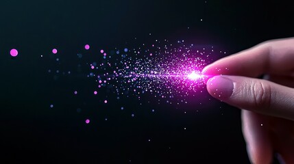 A human finger touches a bright, glowing cluster of pink and purple particles, creating a luminous trail against a dark background.