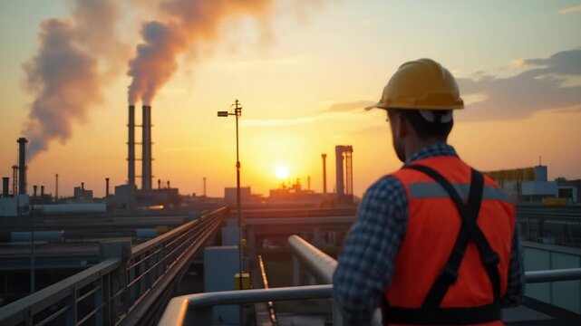 worker with harness and helmet overlooks plant and chimney. smoke rises during sunset. safety railing lines platform. industrial structures span horizon. pipeline and walkway form service corridor.